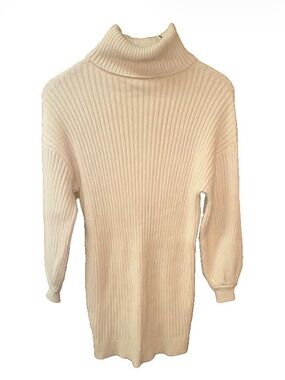 Women’s Beige Cream Knit Long Sleeve Turtleneck Ribbed Sweater Dress Size L